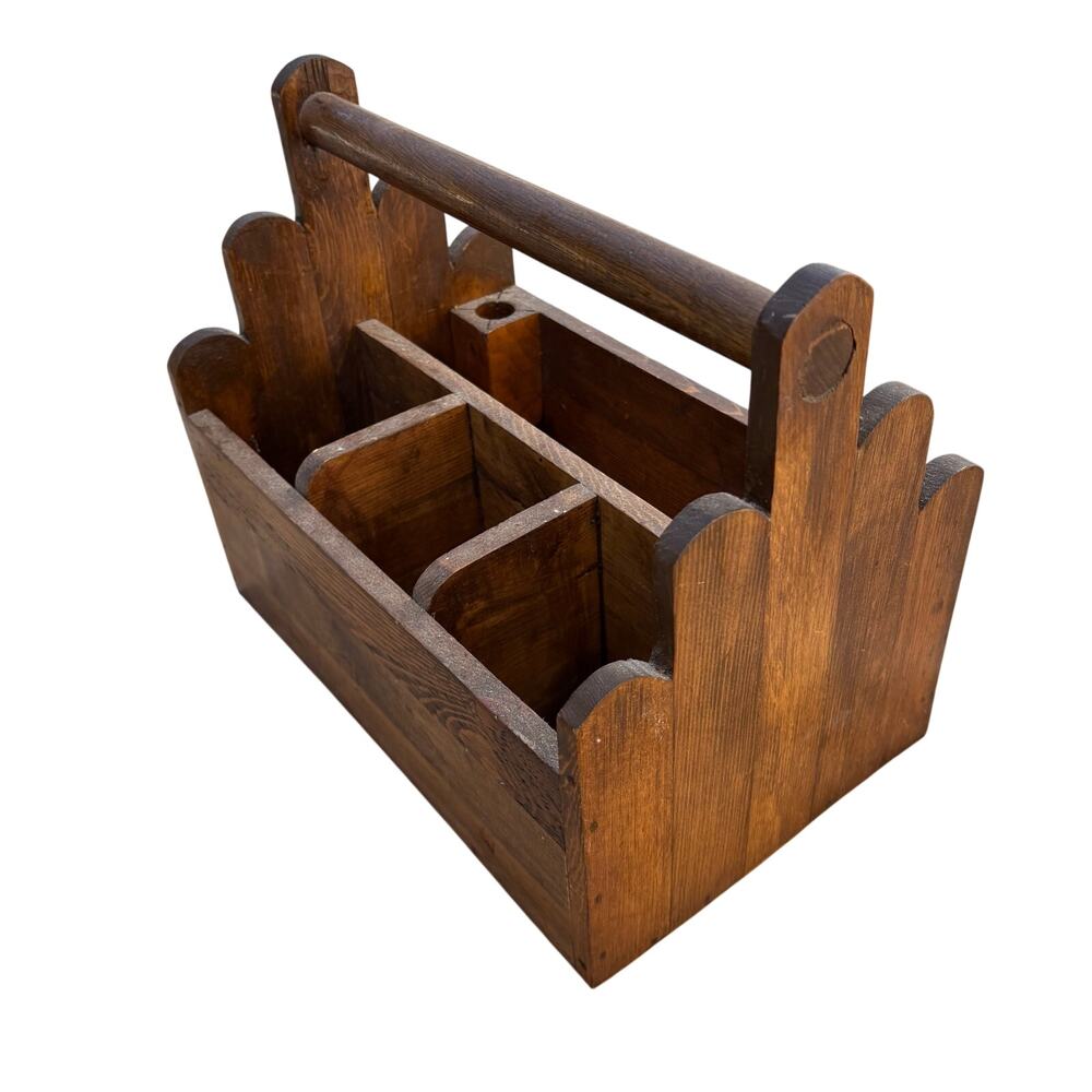 Handmade Wooden Tool Craft BBQ Napkin Utensil 4 Compartment Caddy w Handle